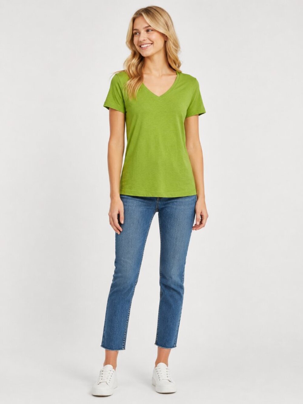 2/$30 Lands' End Cotton-Blend V-Neck Short Sleeve Tee British Moss XS #A2779